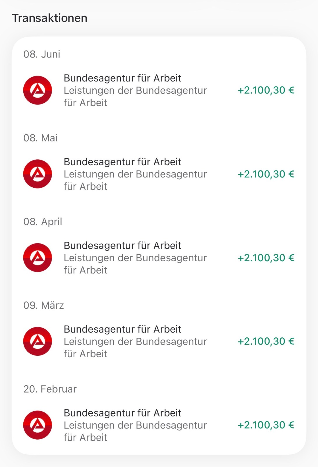 Kontoauszug eines Teilnehmers: 5 monatliche Auszahlungen der Bundesagentur für Arbeit über je 2.100,30 Euro